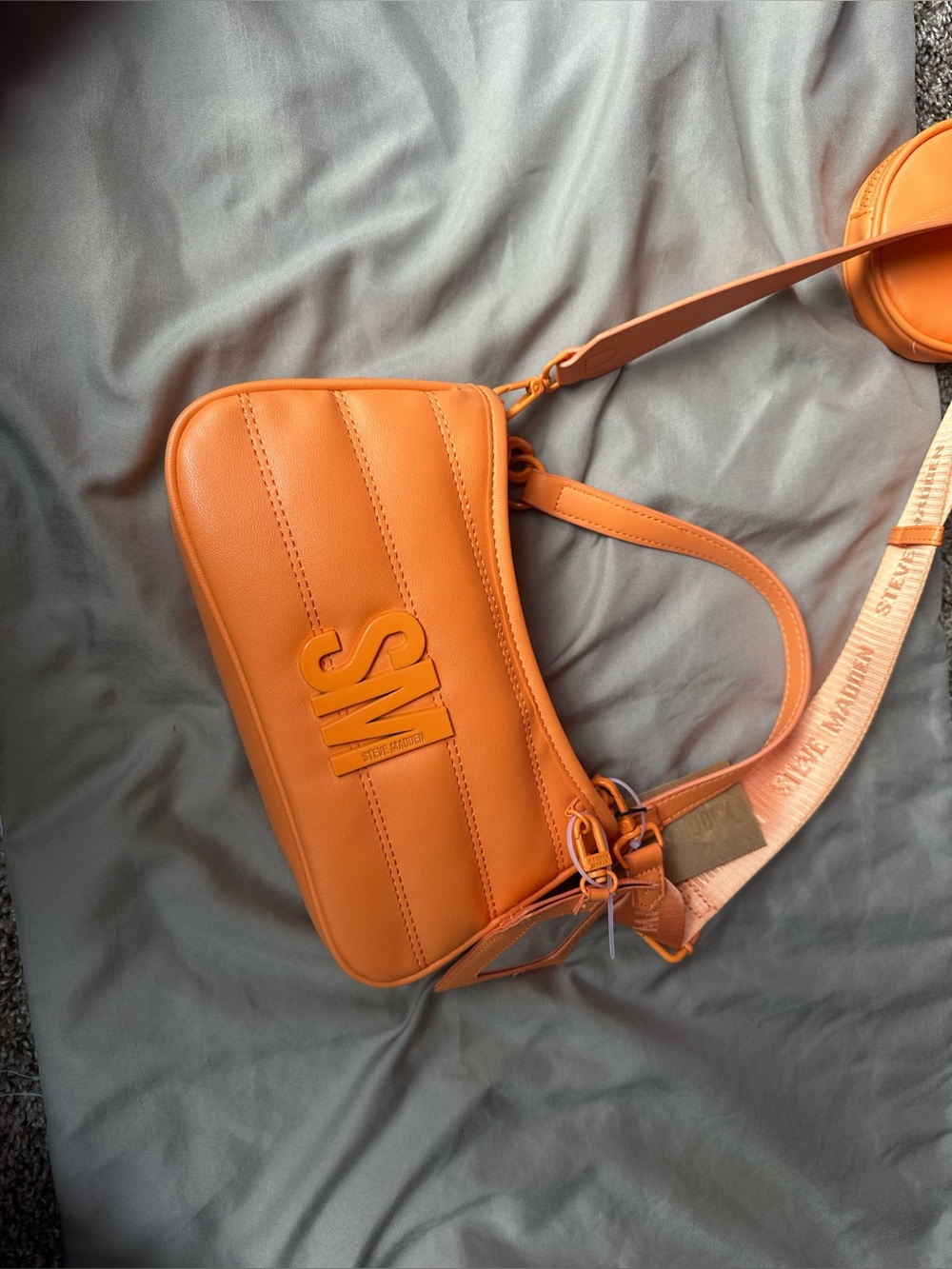 Steve Madden Orange Quilted Shoulder Crossbody with Logo Strap